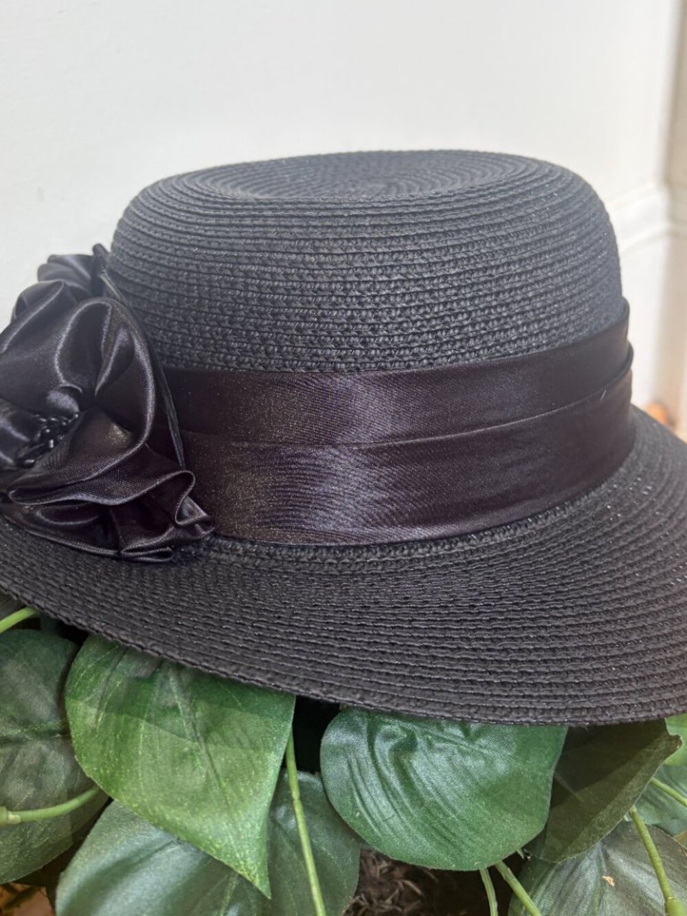 Swan Hat New York Paper Hat Black with Satin Flowers - Picture 4 of 7